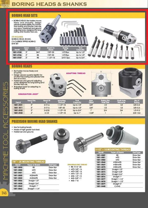 Chart of boring heads and shanks showing Three Piece Boring Tool Set With 2 Inch Head MT3 Shank And One Half Inch Boring Bar