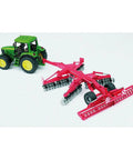 Disc Harrow Tractor Attachment 1:16 Scale Red Farm Equipment Toy For Tractor Models with 54 spinning discs attached to a green tractor.