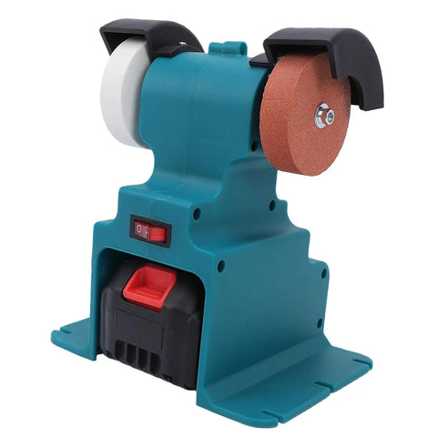 Portable Mini Bench Grinder With 200W Motor And 7000Rpm Speed Cuts The Cord And Comes Packed With Dual 4000Mah Batteries, blue body, two grinding wheels.