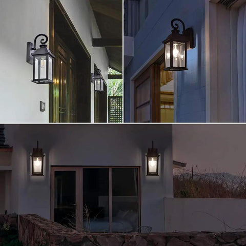 Dusk To Dawn Outdoor Wall Light With Sensor, Waterproof Matte Black Porch Sconce on house walls at night
