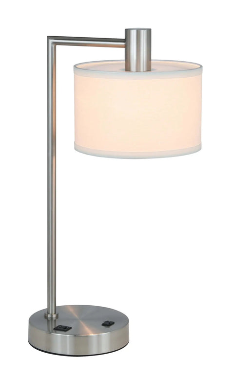 Lit Brushed Nickel USB Desk Lamp With White Fabric Shade Sleek Modern Bedside Light For Bedroom Living Room Or Office Built-In USB Port Metal Construction Easy On Off Switch Chic Home Accent