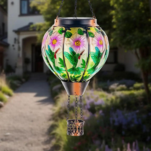 Hummingbird Hot Air Balloon Solar Lantern Outdoor Hanging Light With Flickering Flame Metal And Glass Waterproof Lanterns For Patio Yard Garden Decor Solar Powered Lit Glow Lighting