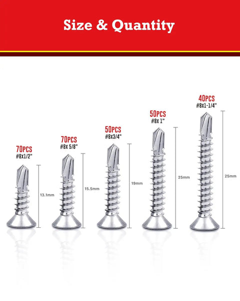 Shop Tough Assorted Self Tapping Screws For Metal Sheets And Wood Construction showing various sizes and quantities of stainless steel screws.