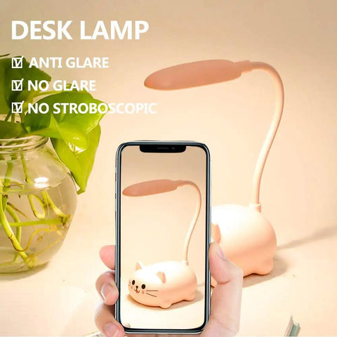 Kids Cat Desk Lamp With Flexible Gooseneck LED Eye Care Light For Homework And Reading Pink Cute Kawaii Desk Accessory Gift For Girls Room Easy On Off Button Cat Face Design on desk