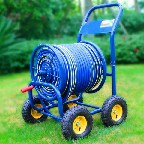 Tough As Nails Heavy Duty Garden Hose Reel Cart With Retractable Water Pipe, blue hose on rust proof steel frame with wheels.