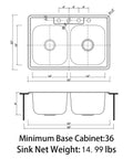 Technical drawing of Drop In Double Bowl Kitchen Sink 33 Inch By 22 Inch By 9 Inch, 18 Gauge 304 Stainless Steel Satin Finish dimensions