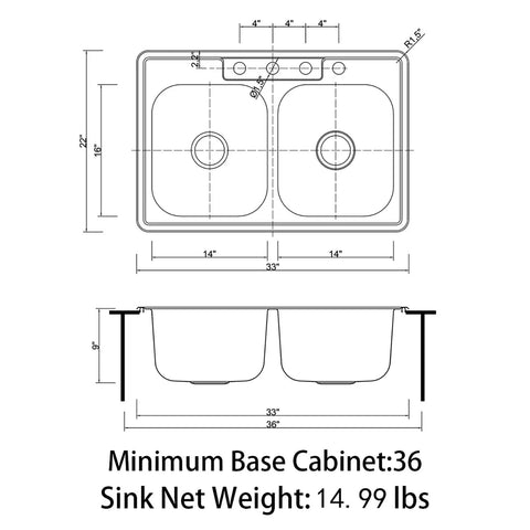 Technical drawing of Drop In Double Bowl Kitchen Sink 33 Inch By 22 Inch By 9 Inch, 18 Gauge 304 Stainless Steel Satin Finish dimensions