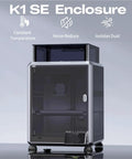 Solid Temperature Box And Sound Dampening Shell For Creality K1 Se And K2 Se 3D Printers in silver with clear doors for printing.