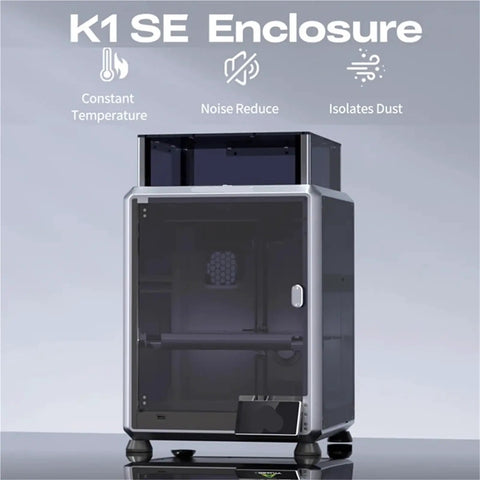 Solid Temperature Box And Sound Dampening Shell For Creality K1 Se And K2 Se 3D Printers in silver with clear doors for printing.