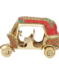 Sick Red Brass Auto Rickshaw Replica With Stone Studded Details Classic Indian Tuk Tuk Model, 5x2.5x3 inches, decor piece.