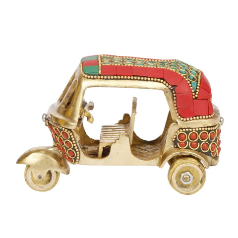 Sick Red Brass Auto Rickshaw Replica With Stone Studded Details Classic Indian Tuk Tuk Model, 5x2.5x3 inches, decor piece.