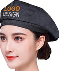 Custom Logo Chef Beret And Barista Hat For Kitchen Crew Offering Breathable Embroidered Name Cook Skullcap In Sleek Black Slick Go To Food Service Gear on model's head.