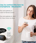 Woman using smartphone to control Fingerprint Smart Lock With Keyless Entry Electronic Deadbolt Bluetooth Keypad Digital Lock App