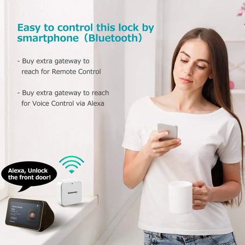 Woman using smartphone to control Fingerprint Smart Lock With Keyless Entry Electronic Deadbolt Bluetooth Keypad Digital Lock App
