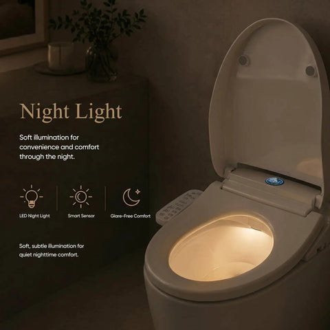 No Fuss Electric Bidet Toilet Seat For Elongated Toilets With Heated Seat And Instant Warm Air Dryer Featuring Adjustable Water Pressure And Dead Simple Side Controls, showing soft night light for comfort.