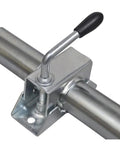 Close-up of the Built Tough Top Wind Trailer Jack With Jockey Wheel And Clamp, 48mm tube, corrosion-resistant clamp mechanism