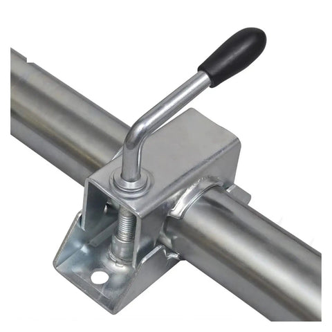 Close-up of the Built Tough Top Wind Trailer Jack With Jockey Wheel And Clamp, 48mm tube, corrosion-resistant clamp mechanism