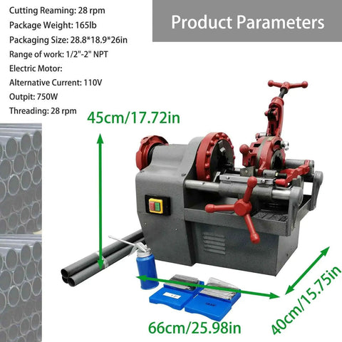 Electric Pipe Threader Machine 110V All In One Threading Cutting And Reaming Tool For Water Gas And Electrical Conduits With Dual Clamping And Self Oiling System Covering Half Inch To Two Inch Workhorse showing 1/2"-2" NPT size and 750W specs