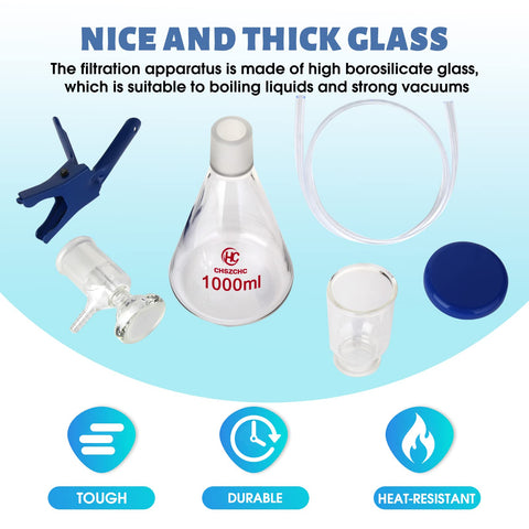 1000ml Glass Vacuum Filtration Rig with 300ml graduated funnel, borosilicate glass, blue clamp, and tube for lab filtration