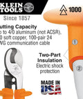Insulated Cable Cutter With One Hand Operation For Aluminum And Copper, 1000 Volt Rating, Two Layer Insulation and Electric Shock Protection, Made In USA, Meets ASTM F1505 16 2021 And IEC 60900 2018 Standards.