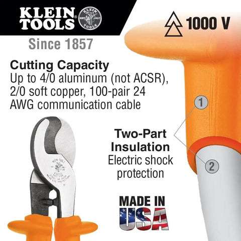 Insulated Cable Cutter With One Hand Operation For Aluminum And Copper, 1000 Volt Rating, Two Layer Insulation and Electric Shock Protection, Made In USA, Meets ASTM F1505 16 2021 And IEC 60900 2018 Standards.