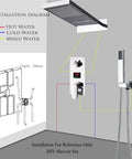 Installation diagram of RIBEUJIZS Digital Shower System, showing connections for hot, cold, and mixed water supply.