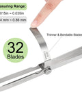 Front view: Guslcez 32-blade stainless steel feeler gauge with bendable blades; 0.04–0.88 mm (0.0015–0.035 in).