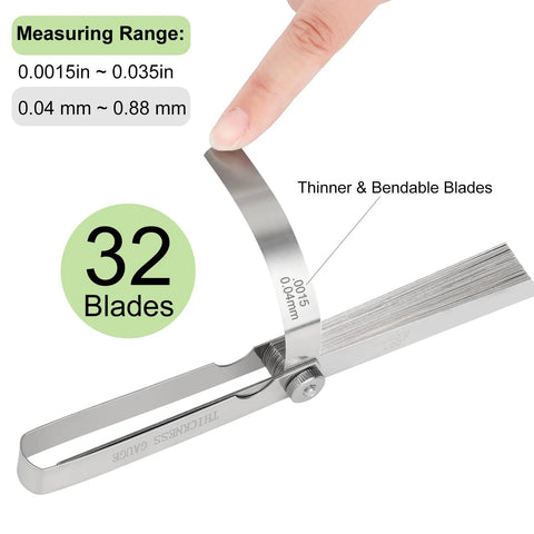 Front view: Guslcez 32-blade stainless steel feeler gauge with bendable blades; 0.04–0.88 mm (0.0015–0.035 in).