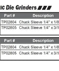 Chart showing AIR SONIC Die Grinders L-25B and L-35C with part numbers and chuck sleeve specifications.