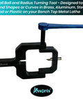 Straight Up Kickass Ball And Radius Turning Tool For Bench Top Metal Lathe, black tool with blue handle for shaping wood and metal.