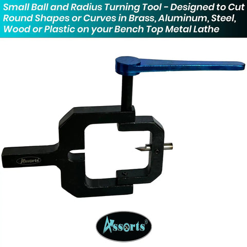 Straight Up Kickass Ball And Radius Turning Tool For Bench Top Metal Lathe, black tool with blue handle for shaping wood and metal.