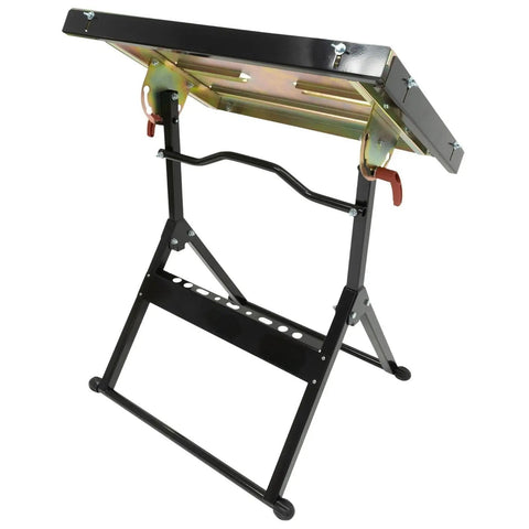 Heavy Duty Foldable Welding Table With Rock Solid Hold Industrial Workbench Built Tough For Shop Hustle, adjustable angle view.