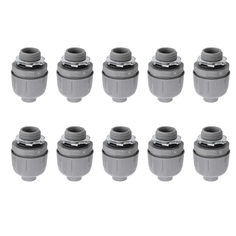 Set Of Ten Heavy Duty One Inch NPT Liquid Tight Conduit Connectors Made From Tough Nylon 6 For A Fit Like A Glove Hookup On Outdoor Construction Sites HVAC Installations Marine Gear And Gnarly Industrial Jobs, showing gray nylon fittings.