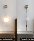 Set Of Two Brushed Gold Plug In Wall Sconces With White Glass Globe Shades Dope Modern Indoor Wall Lights with on and off view