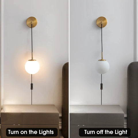 Set Of Two Brushed Gold Plug In Wall Sconces With White Glass Globe Shades Dope Modern Indoor Wall Lights with on and off view