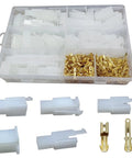 Premium Automotive Electrical Wire Connector Kit with brass pins, 2-9 pin crimp terminals, white insulated plastic shell, storage box