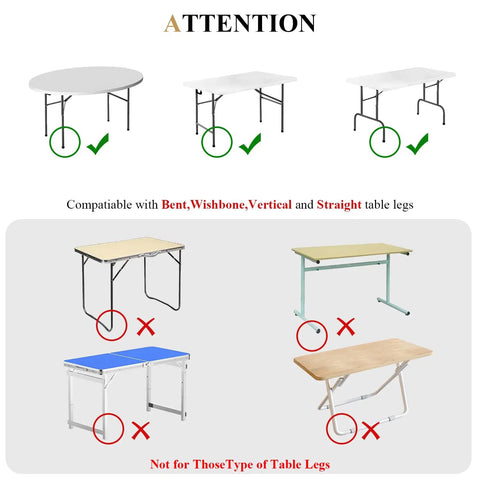 Heavy Duty Adjustable Table Risers And Leg Extenders Four Pack showing compatible and incompatible table leg types.