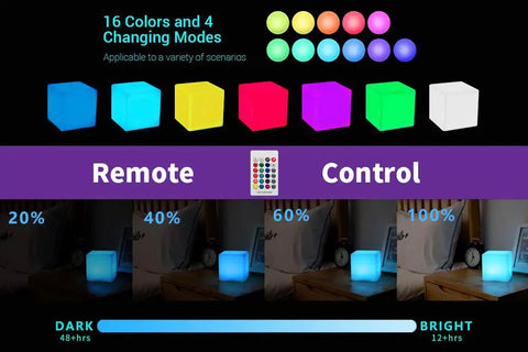 16 Inch LED Cube Light With Detachable Charging Cordless Setup, remote control showing 16 RGB colors and brightness levels