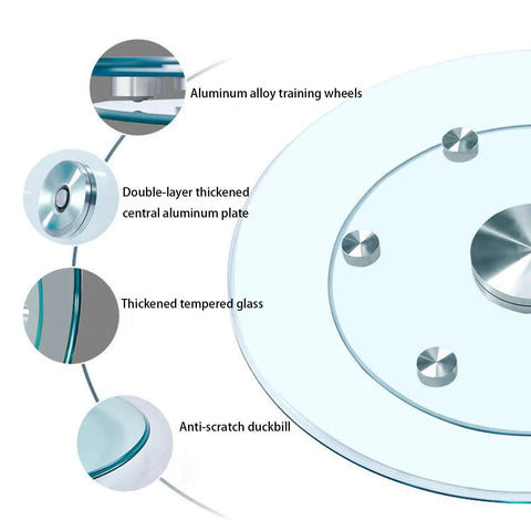 Diagram of Tempered Glass Lazy Susan Turntable For Dining Tables showing aluminum wheels, double-layer aluminum, and tempered glass.