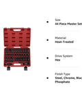 Red case of 3/8 Inch Drive Impact Socket Set with SAE and Metric sizes, 44-piece kit, showing organized sockets and set details.