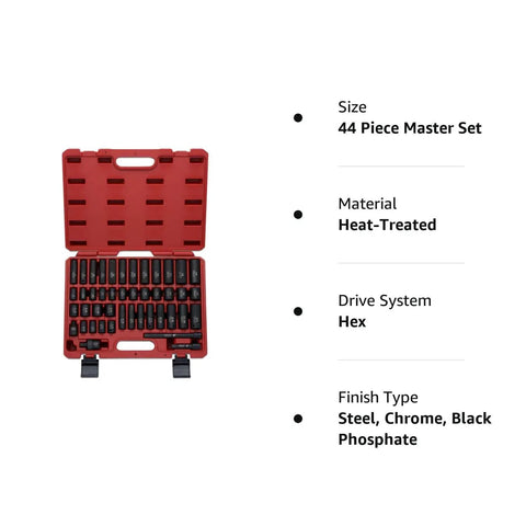 Red case of 3/8 Inch Drive Impact Socket Set with SAE and Metric sizes, 44-piece kit, showing organized sockets and set details.
