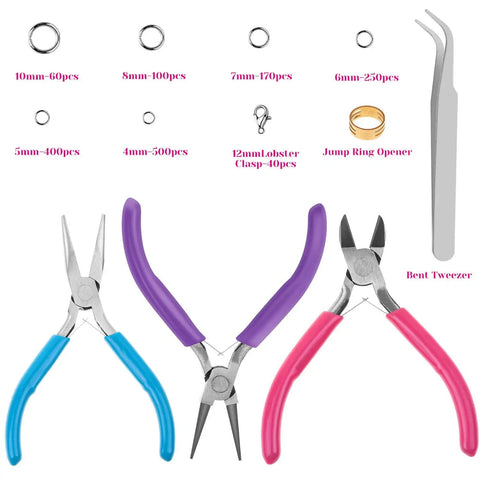 All In One Jewelry Repair Kit With 1520 Silver Jump Rings And 3 Pcs Pliers For Earrings Necklaces Rings And Bracelets Plus Tweezers And Jump Ring Opener laid out