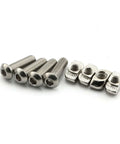 Six stainless steel screws with hexagonal heads next to five t-nuts for aluminum extrusion profiles.