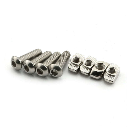 Six stainless steel screws with hexagonal heads next to five t-nuts for aluminum extrusion profiles.