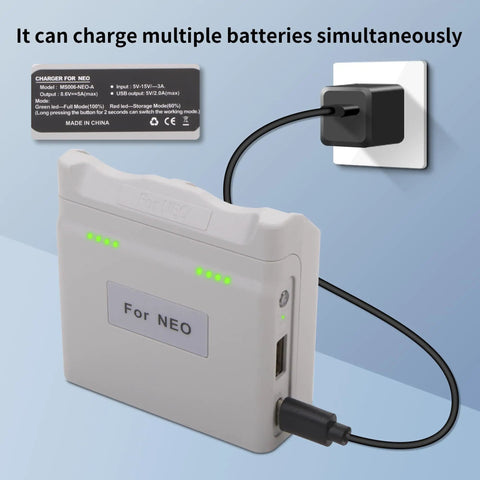 Two Way Charger With Storage For Neo Battery, 45W Rapid Dual Charging Hub plugged into wall, charging with micro USB cable