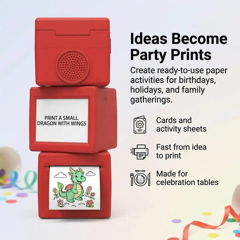 Kids Mini Thermal Printer With Screen Preview For Party Cards And Coloring Pages No Sweat Inkless Printing Gadget showing red portable printer with dragon print.