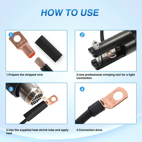 How to use guide for Heavy Duty Battery Terminal Crimp Connector Kit With 70 Copper Wire Lugs And 80 Heat Shrink Tubing
