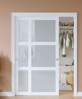 Front view of 60x80 Inch Bypass Sliding Closet Door For Bedroom With Double 31 Inch Panels 3 Lite Frosted Glass Sliding Door Hardware Track Kit