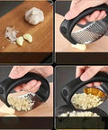 Stainless Steel Garlic Press Rocker Mincer With Peeler And Scraper for easy garlic prep shown crushing and scooping garlic cloves