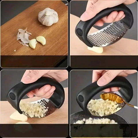 Stainless Steel Garlic Press Rocker Mincer With Peeler And Scraper for easy garlic prep shown crushing and scooping garlic cloves